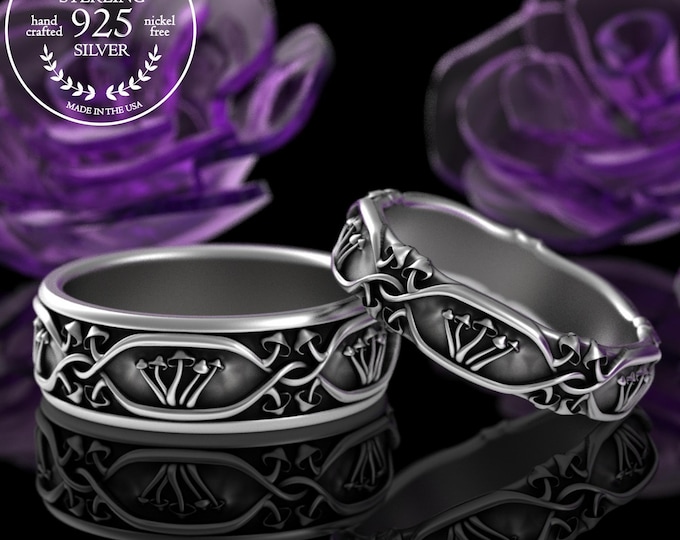 His & Hers Magic Mushroom Wedding Bands, Sterling Matching Botanical Forest Rings, Silver Plant Medicine Sacred Union Jewelry, 2078 2079