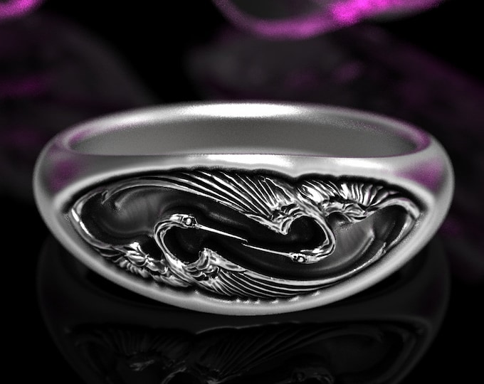 Sterling Silver Crane Ring, Art Nouveau Bird Ring, Silver Bird Ring, Vintage Crane Ring, Antique Bird Ring, Sterling Vintage Ring, 1633