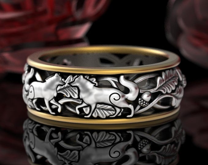 Sterling + 10K Gold Wolves Wedding Ring, Mated for Life Ring, Groom's Gold Silver Wolf Ring, 2tone Men Forest Leaves Ring, Wolf Pack, 5808