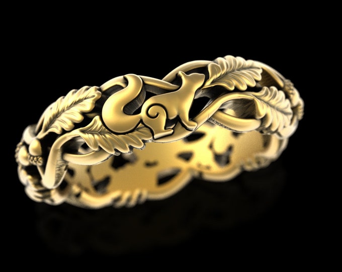 10K Squirrel Forest Ring, Gold Acorn Ring, 14K Oak Leaf Wedding Ring, Oak Tree, Gold Forest Wedding Ring, Womens Nature Inspired Ring, 5540