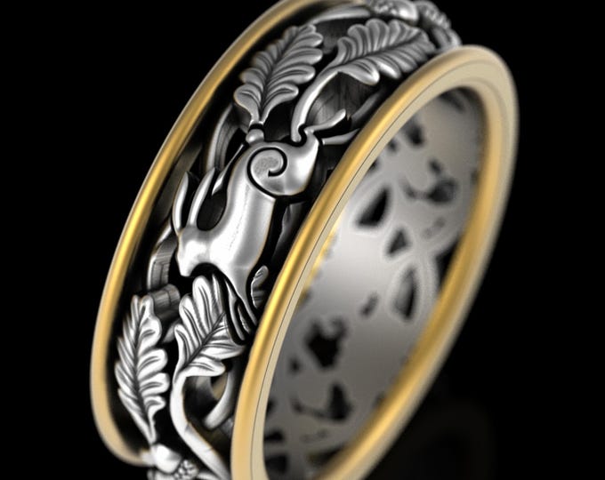 Sterling + 10K Bunny Wedding Band, 2tone Gold Rabbit Ring, Two Tone Forest Rabbit Ring, Gold Silver Oak Leaves Handfasting Ring, 5803