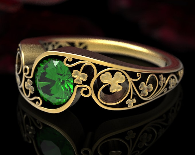 Gold Emerald Clover Ring, Emerald Engagement Ring, Gold Celtic Engagement Ring, Platinum Clover Ring, White Gold Engagement Ring, 1547