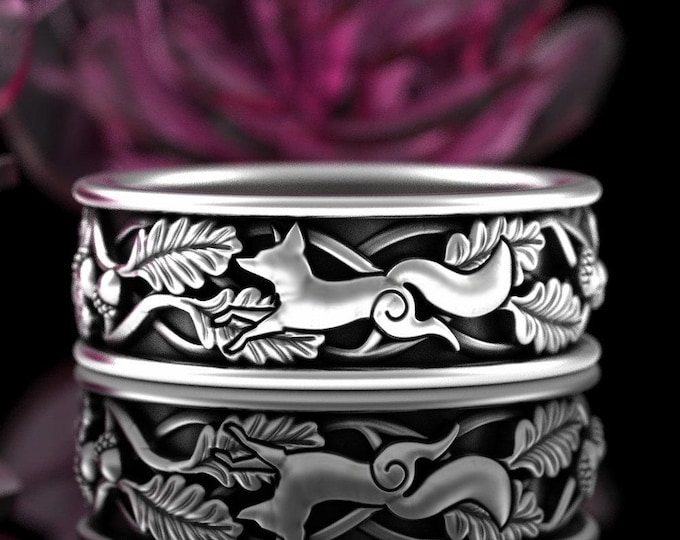 Mens Fox Wedding Ring, Sterling Silver Fox Forest Ring, Oak Woodland Wedding Band, Fox Jewelry, Groom Wedding Ring, Nature Inspired, 5549