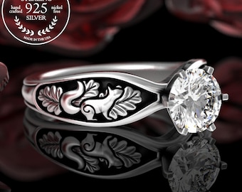 Squirrel Solitaire Ring, Sterling Silver Moissanite Forest Engagement Ring, Womens Diamond Nature Engagement, Woodlands Wedding Ring, 5003
