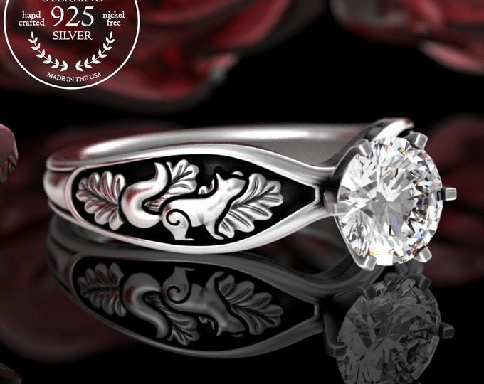 Squirrel Solitaire Ring, Sterling Silver Moissanite Forest Engagement Ring, Womens Diamond Nature Engagement, Woodlands Wedding Ring, 5003