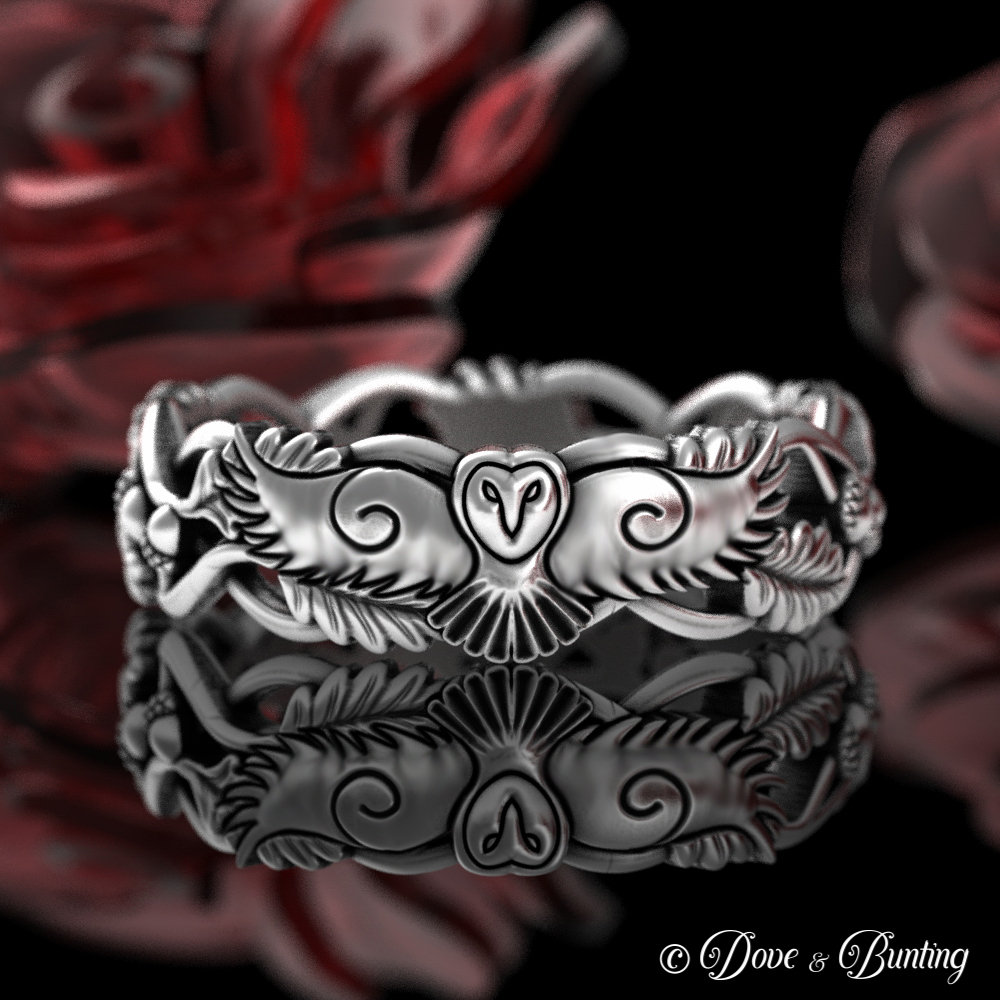 Sterling Owl Wedding Band, Acorn Forest Ring, Silver Barn Owl Wedding Ring, Oak Leaf Woodland Nature