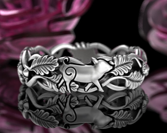Sterling Pig & Acorns Forest Ring, Silver Piggie Ring, Piglet Wedding Band, Farm Animal Nature Ring, Woodland Oak Leaf Animal Ring, 5536