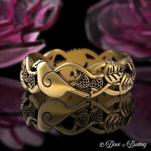 10K Gold Bird & Berries Ring, White Gold Sparrow Blackberry Ring ...