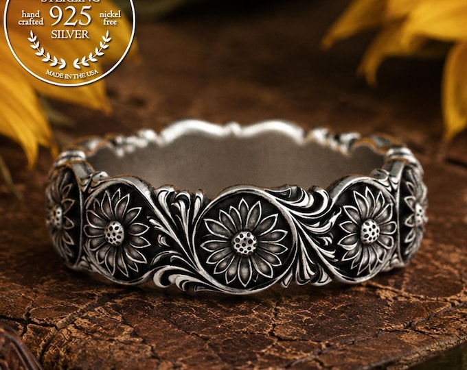 Sterling Sunflower Wedding Ring, Black-Eyed Susan Wedding Band, Southwest Jewelry, Summer Bride Ring, Woman's Silver Floral Ring, 5202