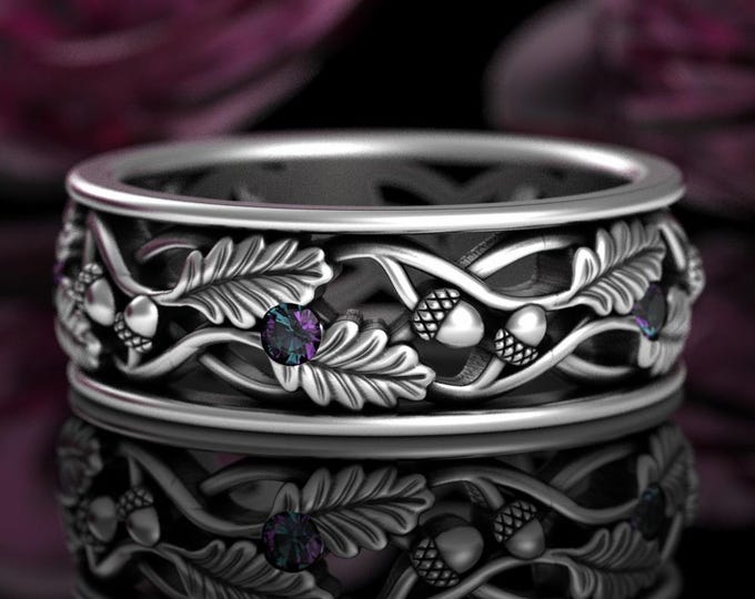 Alexandrite Forest Ring for Groom, Sterling Woodland Acorn Wedding Band, Men's Life Partner Ring, Oak Leaves Marriage Vow Renewal, 5043