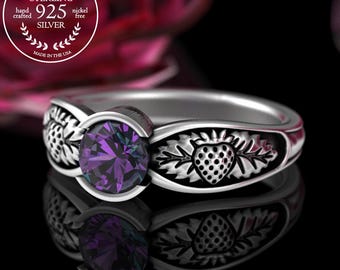 Sterling Alexandrite Botanical Ring, Strawberries Solitaire Ring, Silver Nature Garden Wedding Ring, Strawberry Fruit Engagement Ring, 5411