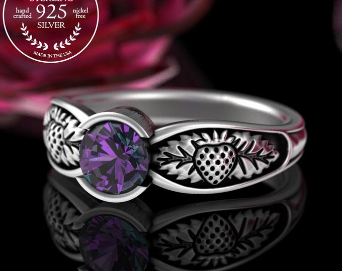 Sterling Alexandrite Botanical Ring, Strawberries Solitaire Ring, Silver Nature Garden Wedding Ring, Strawberry Fruit Engagement Ring, 5411