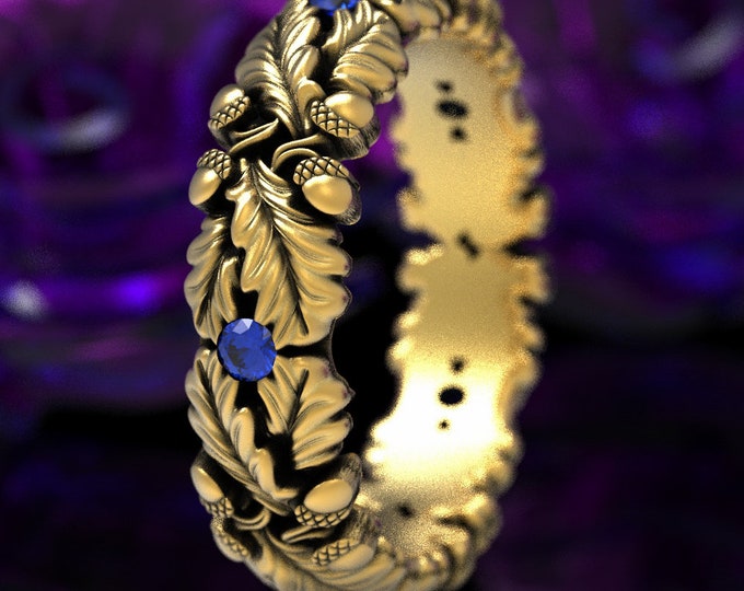 Sapphire Oak Ring, Gold Art Nouveau Ring, White Gold Wedding Ring, Oak Tree Ring, Magic Ring, Forest Wedding Ring, Gold Acorn Ring, 1612