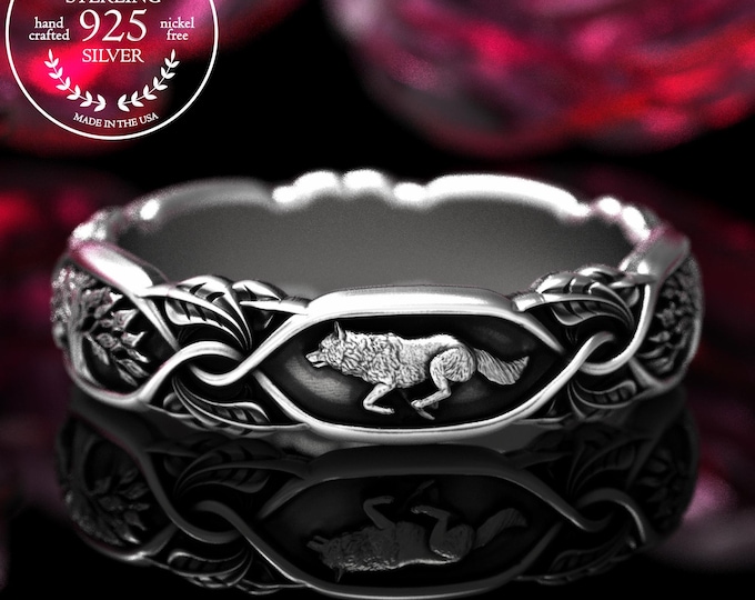 Sterling Running Wolf & Forest Ring, Wolf Guardian Ring, Silver Tree Wolf Wedding Ring, Women's Fenrir Wolf Ring, Botanical Woodland, 2037