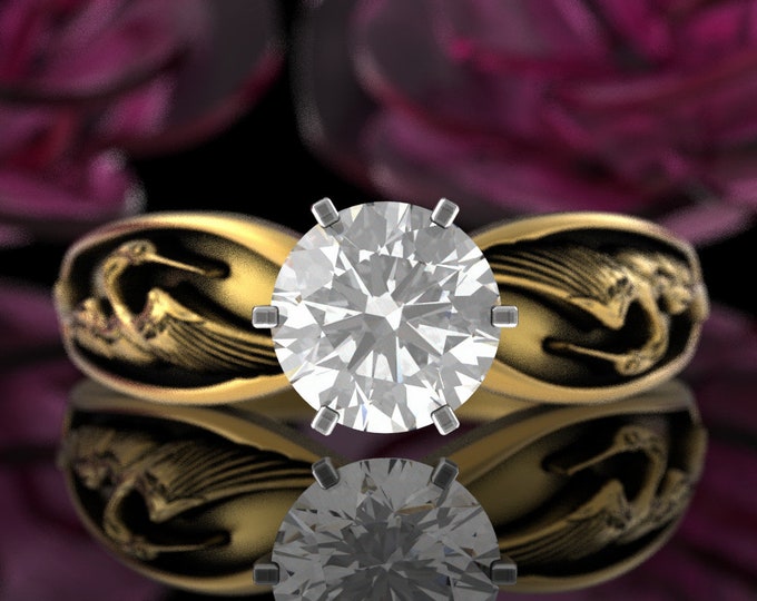 1 Carat Gold Crane Engagement Ring, 10K Moissanite Heron Wedding Ring, 14K Womens Bird Engagement Ring, Platinum Crane Solitaire Ring, 5005