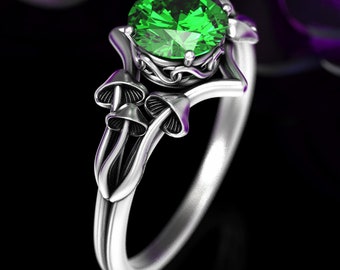 Emerald Mushroom Engagement Ring, Sterling Mushroom Ring, Botanical Engagement Ring, Emerald Engagement Ring, Nature Wedding Ring, 7003