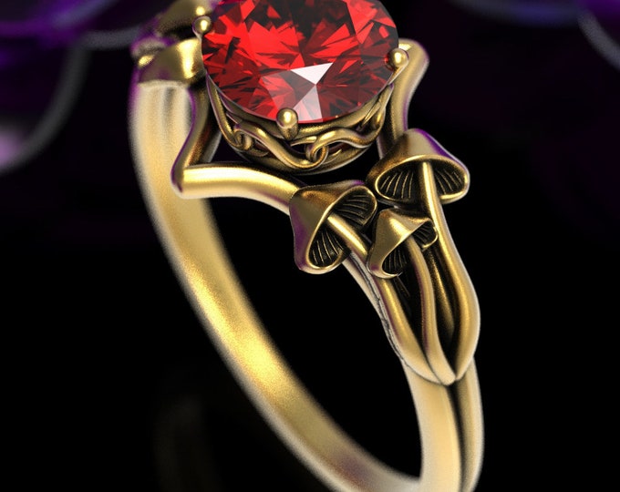 Gold Mushroom Engagement Ring, Ruby & Gold Wedding Ring, Mushroom Wedding Ring, Gold Botanical Wedding Ring, Magic Engagement Ring, 7003