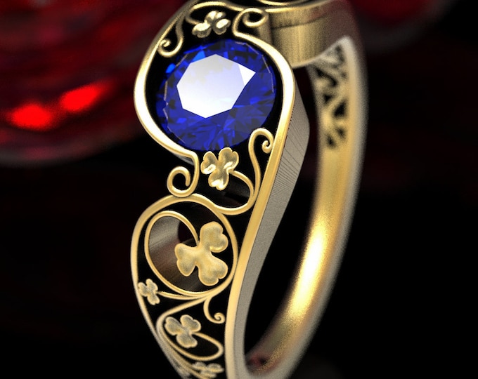Gold Clover Ring, Sapphire Gold Engagement Ring, Gold Celtic Engagement Ring, Platinum Clover Ring, White Gold Engagement Ring, 1547