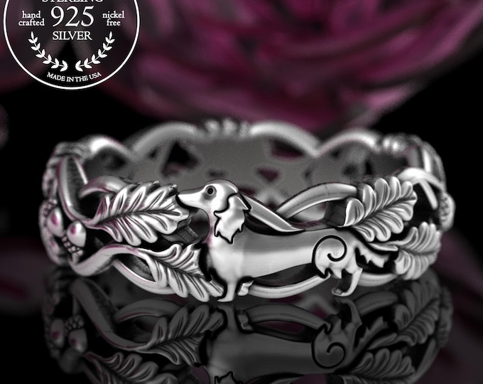 Sterling Long-haired Dachshund Wedding Band, Silver Doxie Dog, Weiner Dog Breed, Dog Breeder Gift, Pedigree Jewelry, Hunting Dog Ring, 5512