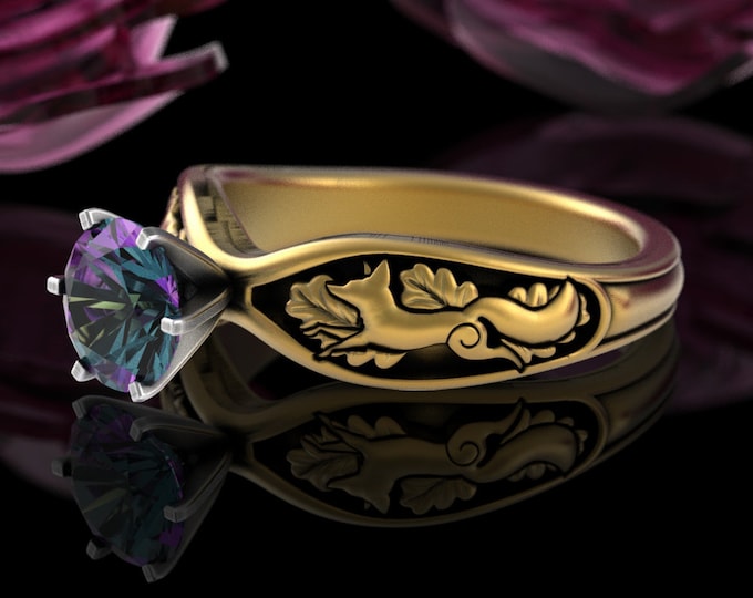 10K Alexandrite Fox Engagement Ring, 14K Gold Forest Solitaire Wedding Ring, Foxes + Oak Leaves Ring, 18K Womens Botanical Nature Ring, 3150