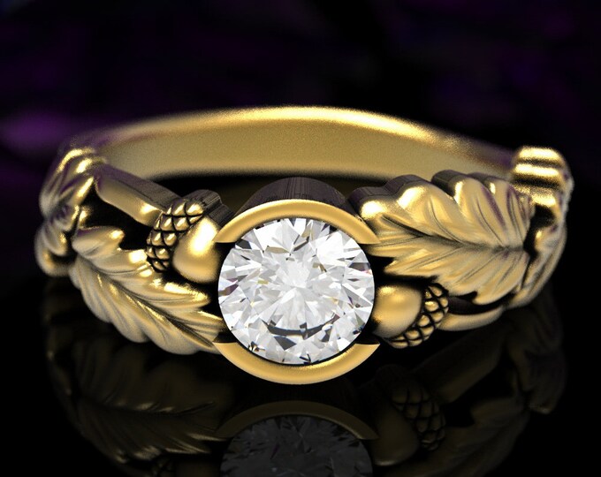 Moissanite & Gold Engagement Ring, Gold Acorn Ring, Nature Engagement Ring, Gold Leaf Wedding Ring, Oak Tree Ring, Acorn Wedding Ring, 1603