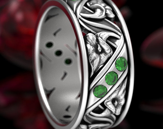 Lily Wedding Band, Emerald & Sterling Flower Wedding Ring, Art Nouveau Wedding Band, Nature Inspired Ring, Floral Wedding Ring, 1515