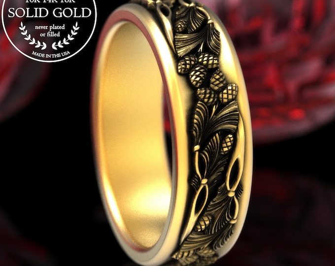 18K Men's Gold Forest Theme Wedding Ring, Platinum Groom Pinecone Ring, White Gold Mountain Pine Anniversary Ring, Evergreen Marriage, 2060