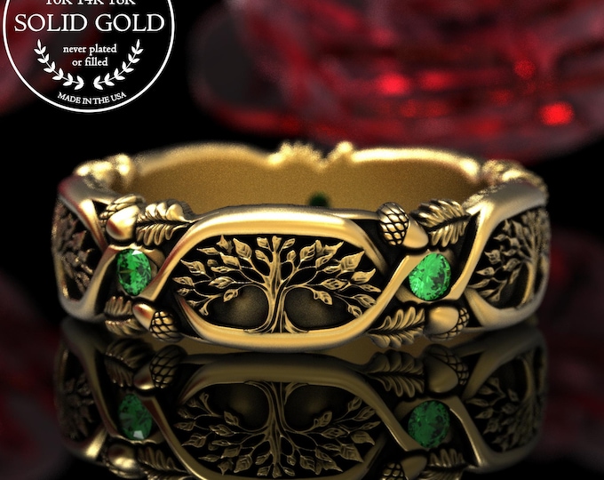 10K Emerald Oak Leaf Ring, Gold Acorn Lady Ring, Gold Forestry Ring, 10K Tree of Life Ring, White Gold Tree Leaves Ring, Kabbalah Ring, 2022