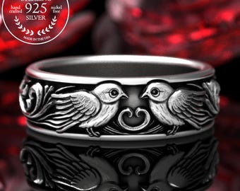 Sterling Love Birds Ring, Silver Sparrow Soulmates Wedding Band, Silver Finches Art Nouveau Jewelry, Blackbird Heart Anniversary Ring, 2069