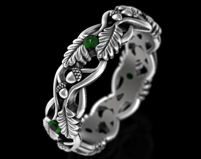 Sterling Emerald Forest Nature Ring, Woman's Botanical Wedding Band, Silver Bridal Druid Pagan Handfasting Wedding Ring, 5042