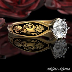 Gold Rabbit Forest Solitaire Ring, 10K 14K 18K Bunny Engagement Ring, Moissanite Women Rabbit Wedding Ring, Diamond Oak Leaf Ring, 5002