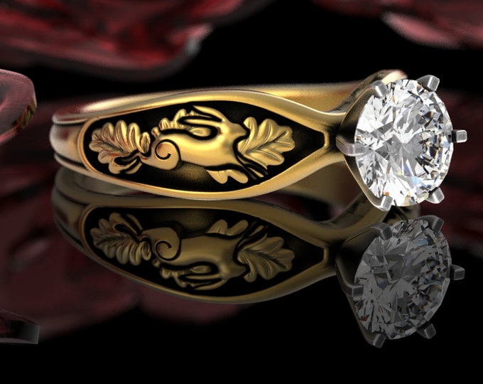 Gold Rabbit Forest Solitaire Ring, 10K 14K 18K Bunny Engagement Ring, Moissanite Women Rabbit Wedding Ring, Diamond Oak Leaf Ring, 5002