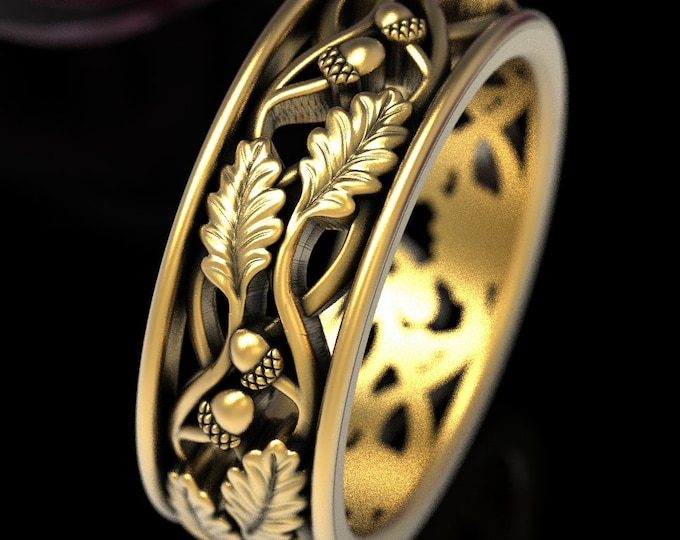 Gold Oak Tree Ring, Leaf Wedding Band, Gold Mens Wedding Ring, Leaf Wedding Ring, Nature Ring, Forest Wedding Ring, Gold Acorn Ring, 1647