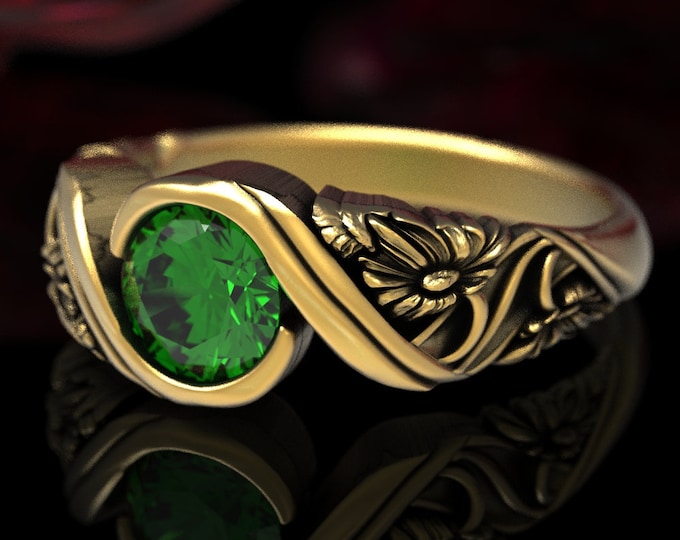 Daisies Emerald Engagement Ring, Emerald Daisy Wedding Ring, Gold Art Nouveau Ring, Green Engagement Ring, Art Nouveau Wedding Ring, 1524