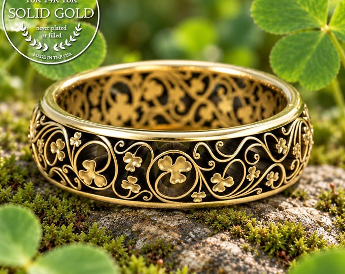 Lucky Clover Ring, Gold Irish Wedding Ring, Filigree Wedding Ring, Gold Clover Ring, Irish Clover Ring, 3 Leaf Clover Ring, Celtic Ring,1548