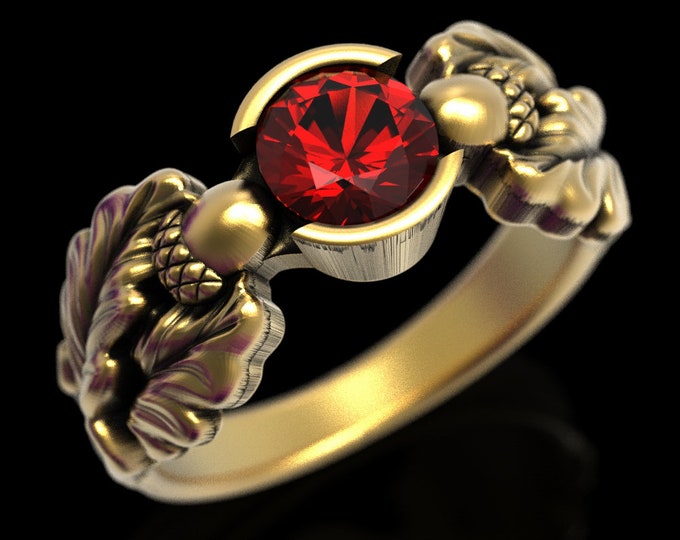 Gold Acorn Ring, Gold Ruby Engagement Ring, Nature Engagement Ring, Gold Leaf Wedding Ring, Oak Tree Ring, Gold Tree Wedding Ring, 1604