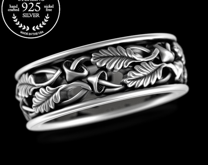 Mens Sterling Mushroom Wedding Ring, Groom Silver Botanical Forest Ring, Plant Medicine Ring, 925 Nature Pagan Handfasting Band, 5302