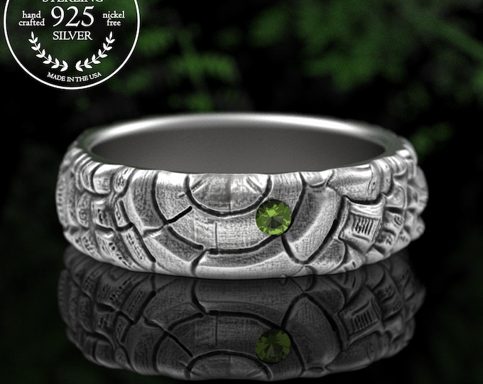 Sterling Heartwood Tree Bark Wedding Ring, Peridot Greenwood Forest Ring, Silver Men's Elm Tree Commitment Ring, Timber Wood Grain, 5214