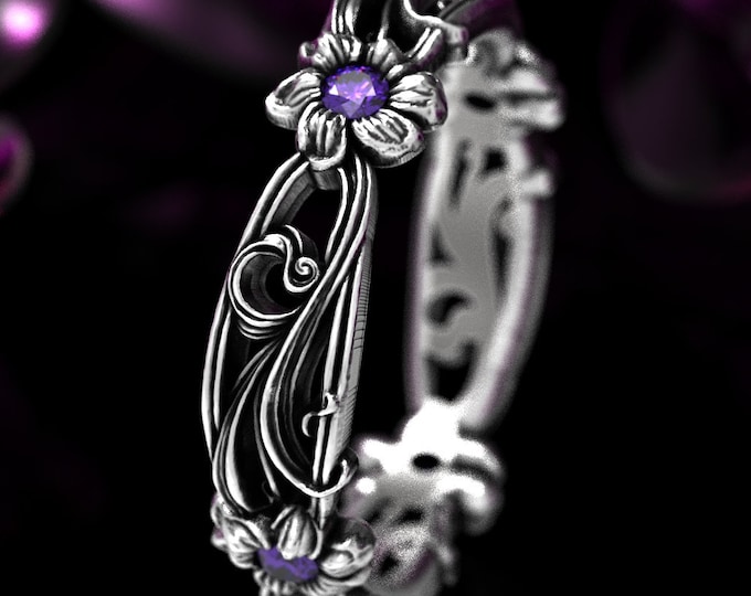 Sterling Art Nouveau Flower Ring, Amethyst Flower Wedding Band, Silver Flower Ring, Unique Flower Wedding Ring, Amethyst Daisy Ring, 5018