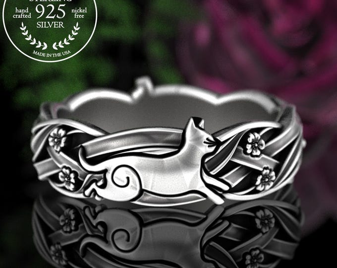 Two Kitty Cats Ring, Baby Kittens Silver Ring, Floral Feline Ring, Cat Flower Power Ring, Sterling Pussycat Wedding Band, Mouser Ring 5211