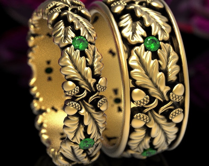 Emerald Gold Oak Ring Set, Matching Gold Wedding Bands, Oak Tree Rings, Tree Wedding Bands, Forest Wedding Ring, Gold Acorn Ring, 1612 1611
