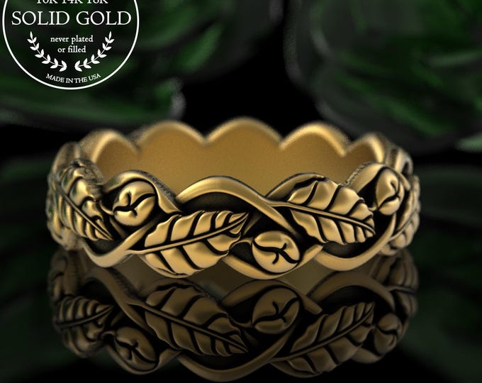 Gold Coffee Bean Ring, 10K Coffee Lover Ring, 14K Coffee Jewelry, White Gold Women's Cafe Ring, 18K Plant Leaves Ring, Jungle Coffee, 5450
