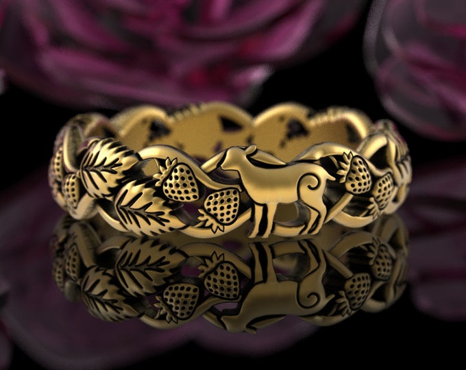10K Gold Baby Lamb Ring, White Gold Strawberry Vine Ring, 14K Gold Sheep Ring, Wild Strawberries, Farm Animal, Platinum Womens Nature, 5404