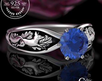 Sterling Sapphire Fox Wedding Ring, Fox Spirit Animal Engagement Ring, Silver Oak Leaves & Foxes Forest Ring, 1 Carat Autumn Proposal, 3150