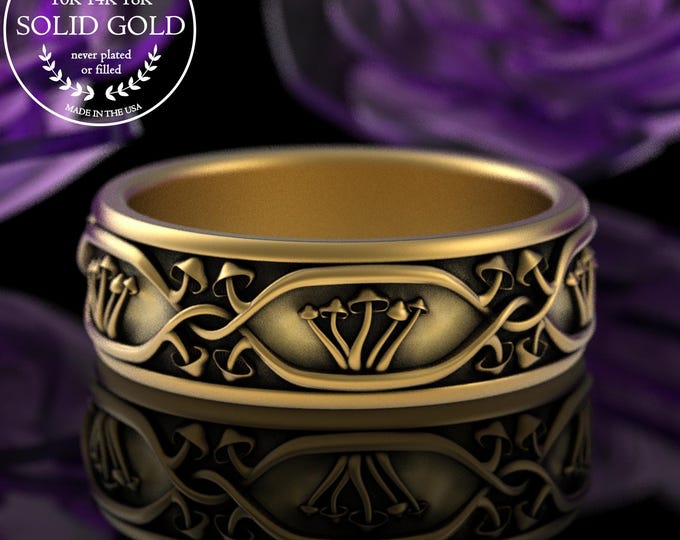 Gold/White Gold Men's Botanical Mushroom Ring, Platinum Shaman Plant Medicine Ring, 14K Groom's Psychedelic Jewelry, 18K Sacred Plant, 2079
