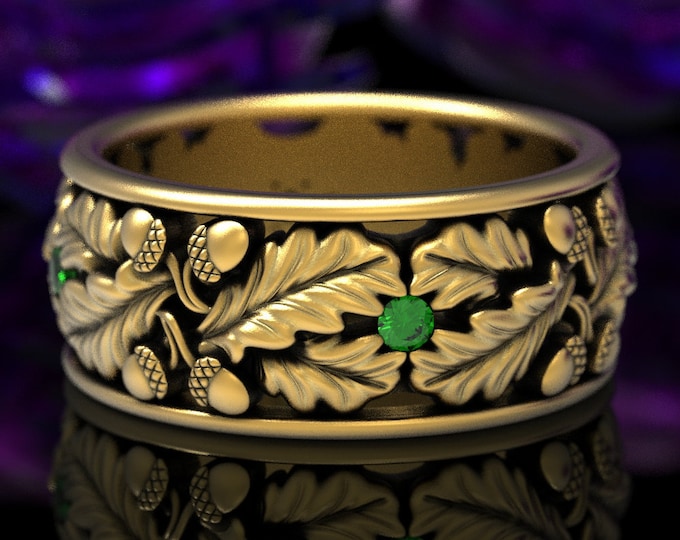 Leaf Wedding Band, Gold Emerald Wedding Ring, White Gold Leaf Ring, Oak Tree Ring, Nature Ring, Forest Wedding Ring, Gold Acorn Ring, 1611