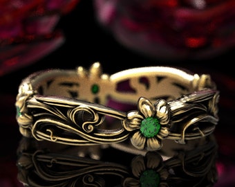 Emerald Art Nouveau Flower Ring, 10K 14K 18K Gold Platinum, Emerald Flower Wedding Band, Unique Ruby Flower Wedding Ring, Daisy Ring, 5018
