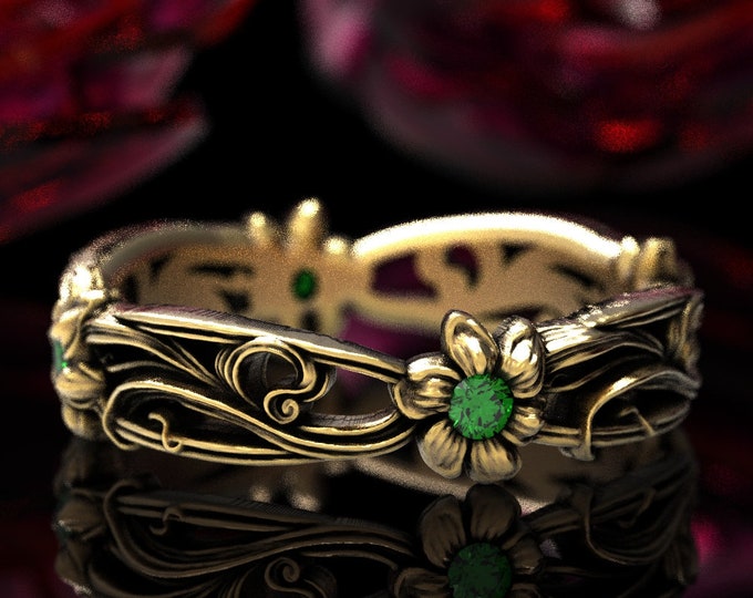 Emerald Art Nouveau Flower Ring, 10K 14K 18K Gold Platinum, Emerald Flower Wedding Band, Unique Ruby Flower Wedding Ring, Daisy Ring, 5018