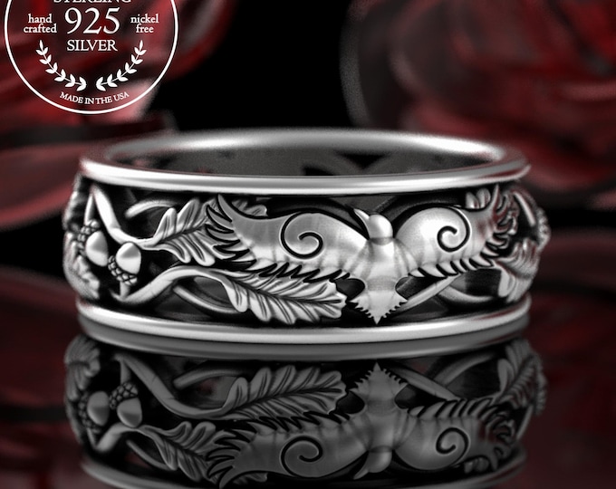 Mens Raven Ring, Sterling Crow Wedding Ring, Silver Bird Wedding Band, Groom Nature Ring, Forest Mens Animal Ring, 925 Bird of Prey, 5524