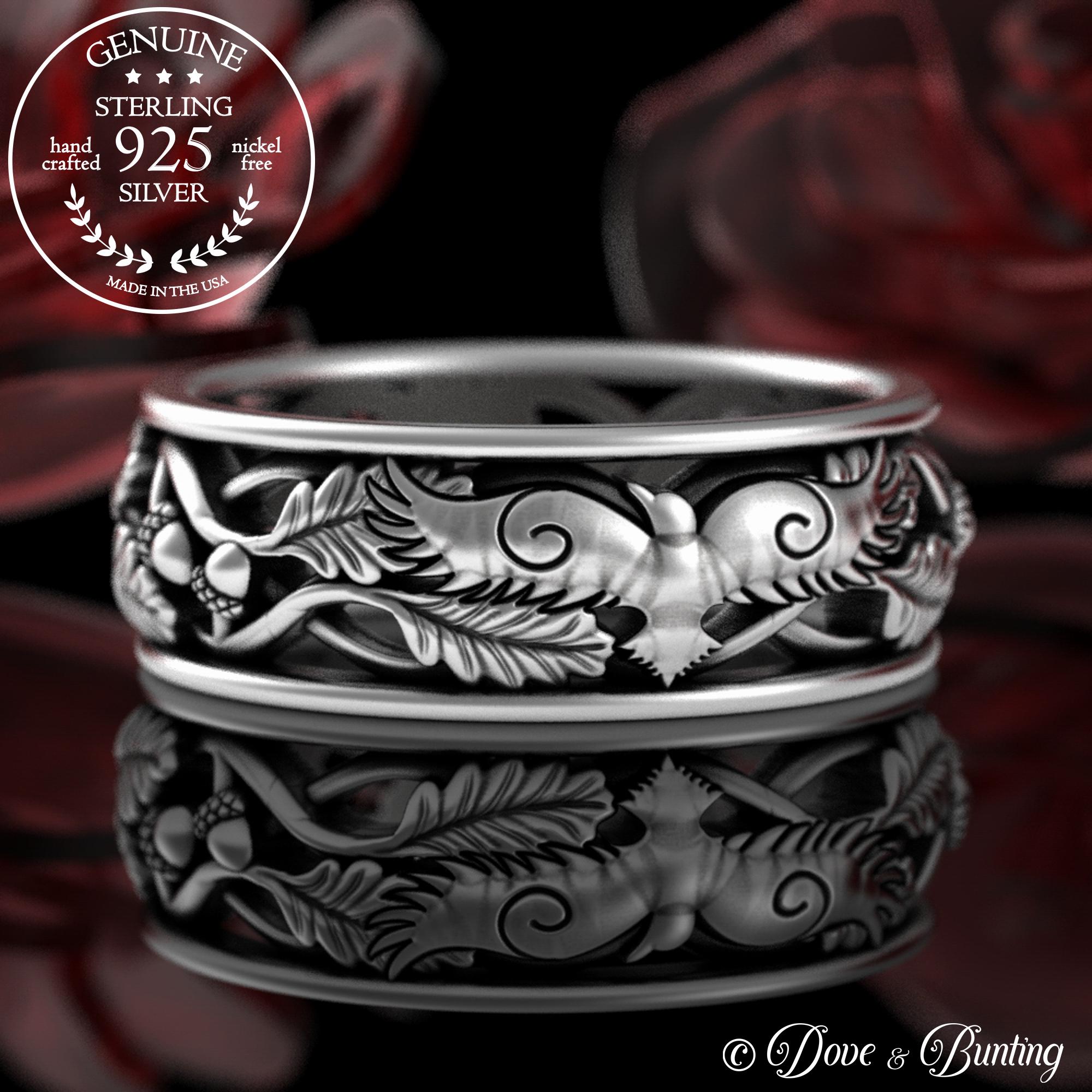Mens Raven Ring, Sterling Crow Wedding Ring, Silver Bird Wedding